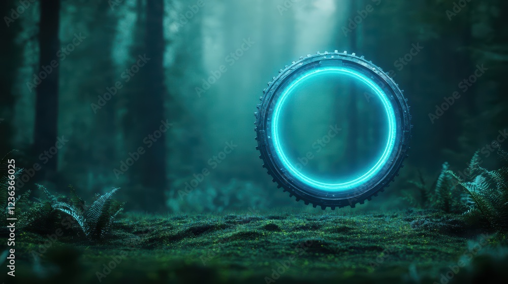 Poster Mysterious Circular Light Illuminating Enchanted Forest Surrounded by Lush Greenery and Tall Trees Creating a Dreamy Atmosphere of Wonder and Calmness