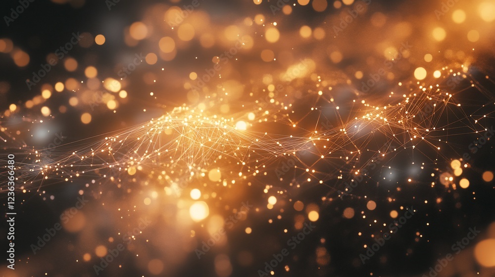 Poster golden digital network with glowing bokeh lights abstract background