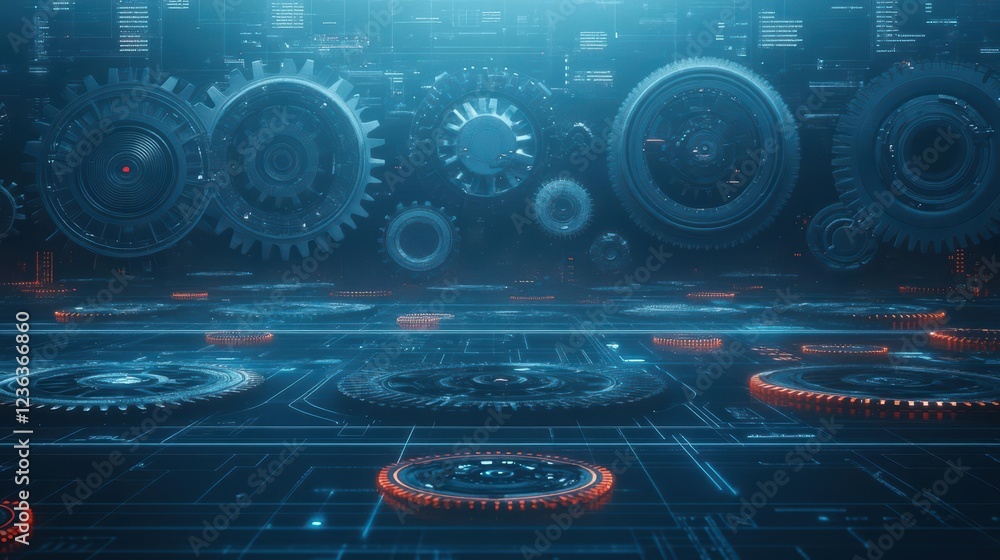 Poster futuristic cityscape featuring intricate gears and mechanisms against a vibrant sky evoking innovati