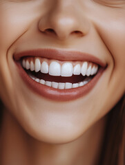 Obraz premium Close-up of a smiling woman with perfect white teeth, healthy dental care, bright happy expression, natural beauty, oral hygiene, confident female portrait. 