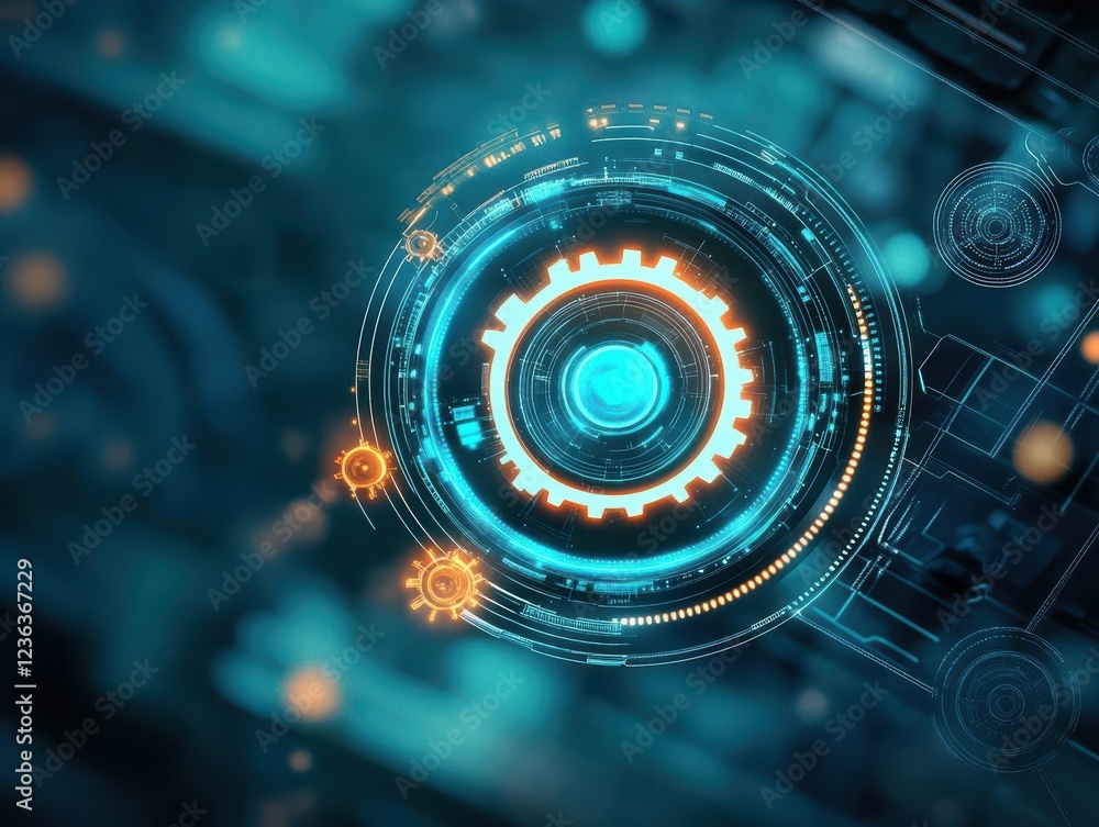 Poster Futuristic Interface Featuring a Luminous Circle Surrounded by High Tech Elements and Digital Patterns Creating an Innovative Visual Experience