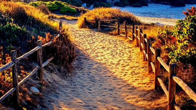Serene sandy path leading to a tranquil naturist beach at sunset, surrounded by lush greenery and gentle waves