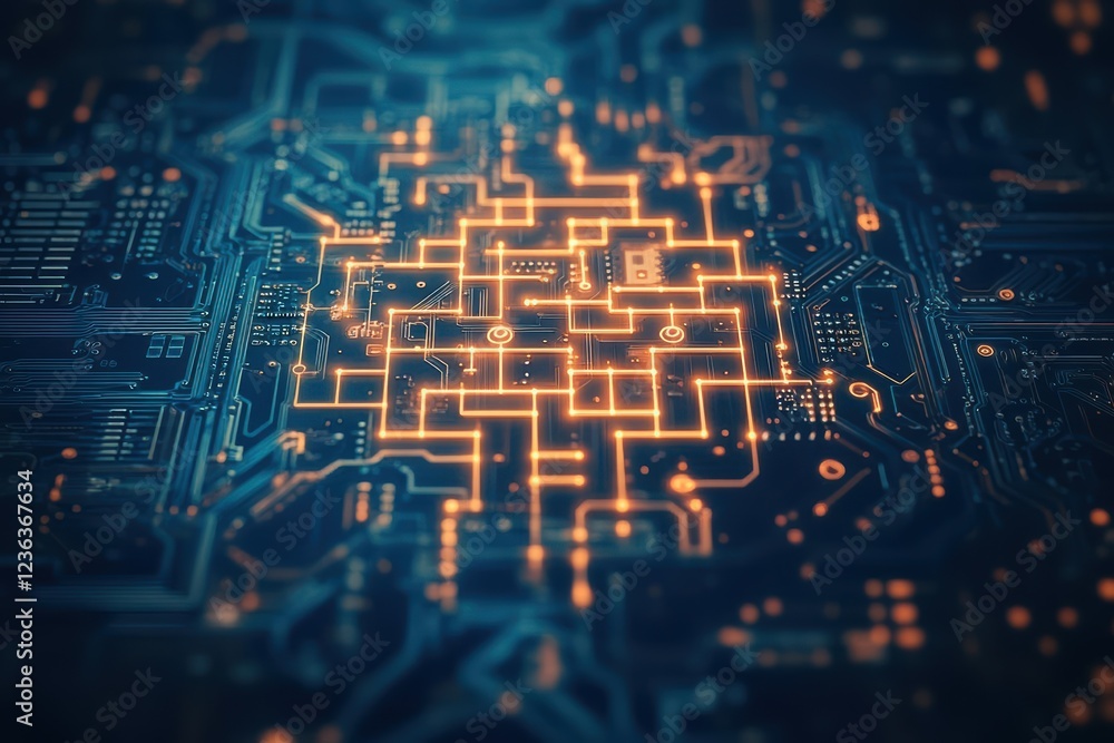 Poster Intricate Circuit Board Featuring Central Circuit Design Surrounded by Complex Pathways and Connections Highlighting Modern Technology and Innovation