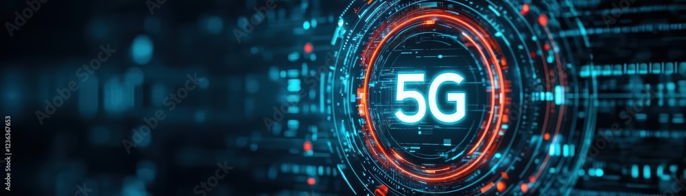 Poster futuristic concept of 5g technology connecting smart devices in urban cityscape with glowing lights 