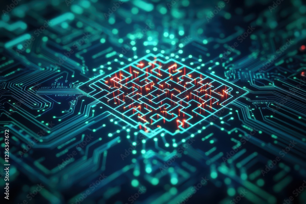 Poster Intricate Circuit Board with Illuminated Red Light Signifying Power and Functionality in a Modern Technological Environment Radiating Innovation and Precision