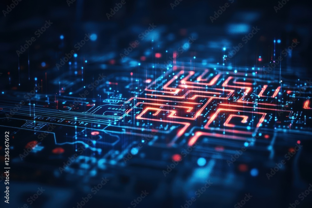 Aufkleber Intricate Computer Circuitry Illuminated by Dynamic Red and Blue Lights Creating a Futuristic and Technologically Advanced Atmosphere of Innovation