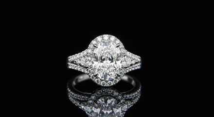 A close-up of a luxurious diamond engagement ring with a central oval shaped diamond flanked by smaller diamonds
