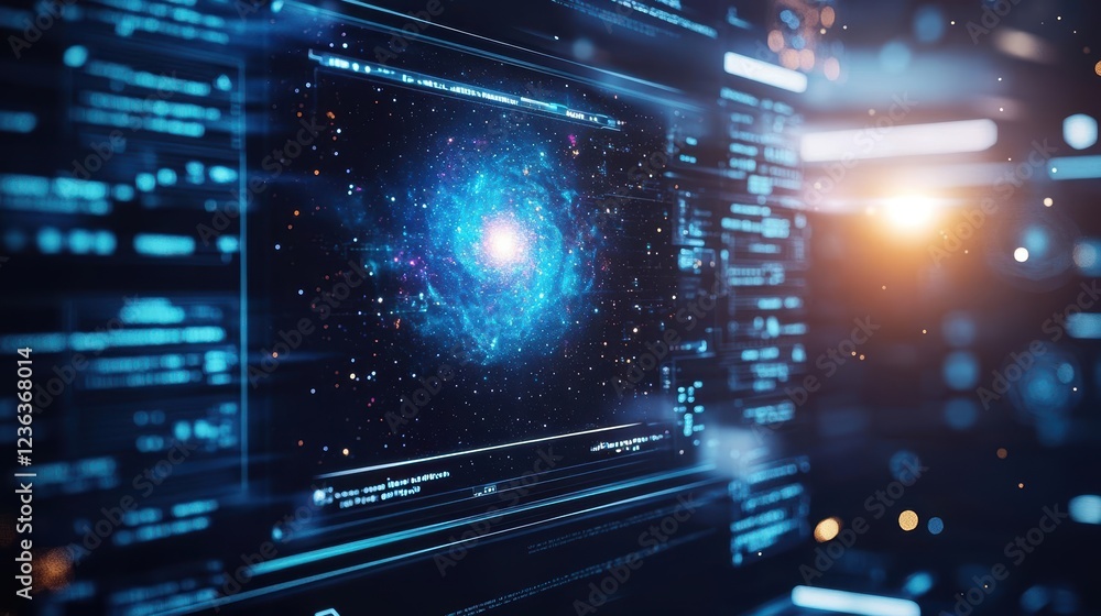 Fototapete Mesmerizing Computer Screen Displaying Vibrant Galaxy in Background with Stars and Cosmic Elements Creating an Enigmatic and Futuristic Atmosphere
