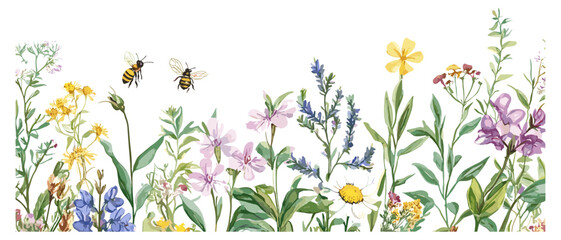 White Background Botanical Illustration with Watercolor Wildflowers, Medicinal Herbs, Bees, and a Seamless Rim Design. © aura studio