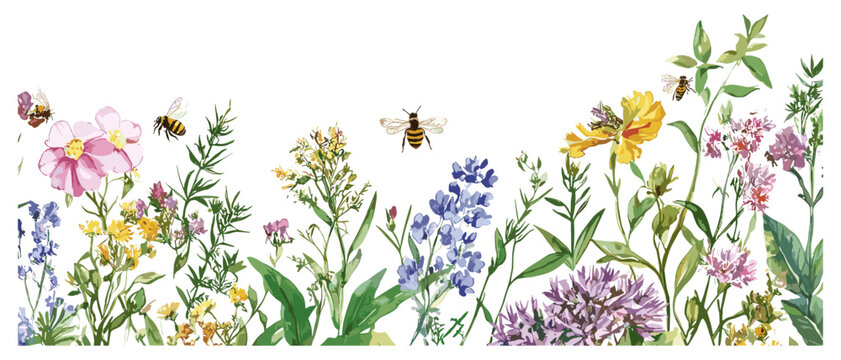 Seamless Rim, Watercolor Botanical Illustration with Medicinal Herbs, Wildflowers, Leaves, and Bees on White Background.