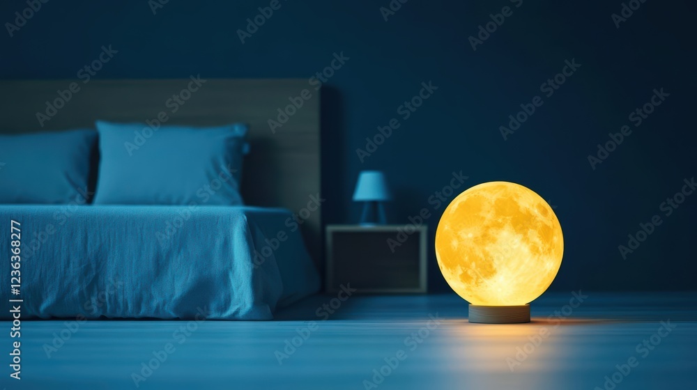 Aufkleber Cozy Bedroom Scene Featuring a Soft Moon Lamp Illuminating a Serene Bed with Elegant Textiles Creating a Warm and Inviting Atmosphere for Relaxation