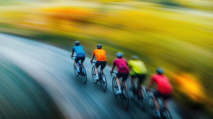 Obraz premium Three Cyclists Navigating a Winding Road Through Lush Green Countryside Under a Clear Blue Sky Highlighting Adventure and Freedom in Nature