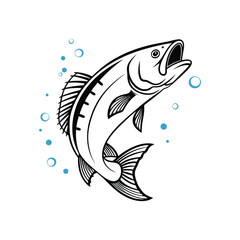 Black and White Line Drawing of a Leaping Fish
