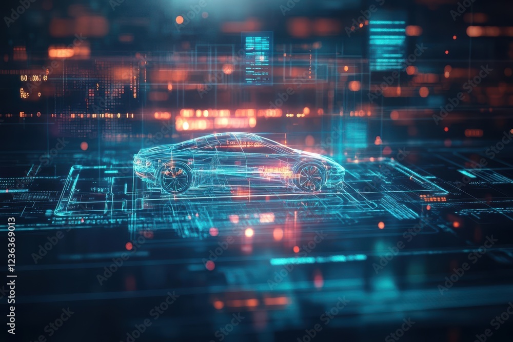 Fototapete A Sleek Modern Car Positioned on an Intricate Blueprint Background Highlighting Design Elements and Technical Specifications in a Contemporary Style