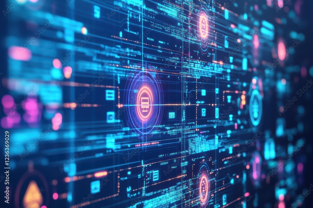 Poster Futuristic Digital Interface Featuring a Bright Glowing Circle Surrounded by Interactive Elements Creating an Engaging High-Tech Atmosphere