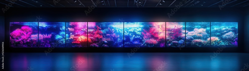 Poster a large abstract painting on a wall in a dimly lit room evoking mysterious emotions with dark hues a