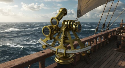 Antique Sextant on a Sailing Ship at Sea