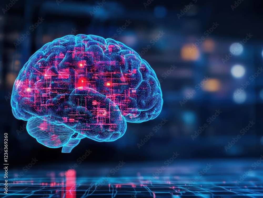 Poster Intricate Brain Design with Central Circuit Element Symbolizing the Intersection of Technology and Human Intelligence in a Modern Conceptual Art Style