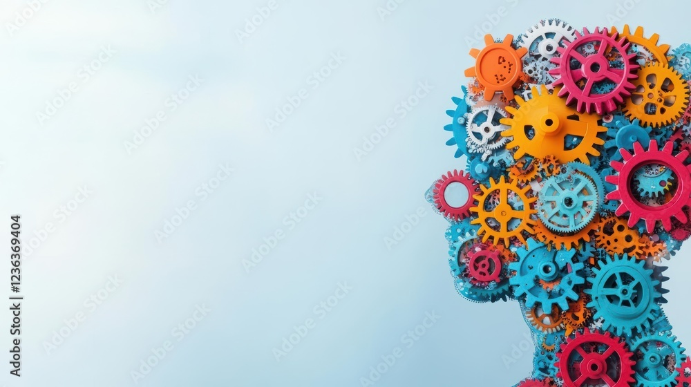 Poster Intricate Human Head Formed from Vibrant Colorful Gears Symbolizing Creativity Innovation and Complexity in a Whimsical Imaginative Artistic Display