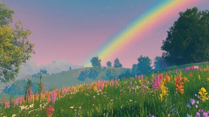 Obraz premium Rainbow over vibrant wildflowers in mountain meadow, peaceful landscape, idyllic scene; perfect for travel brochures