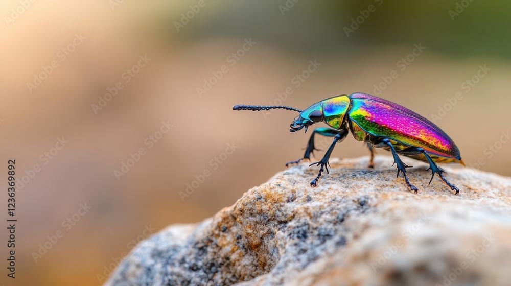 Poster Vibrant Colorful Beetle Resting on a Textured Rock Surrounded by Natural Elements Illuminated by Soft Light Creating a Lively and Intriguing Scene