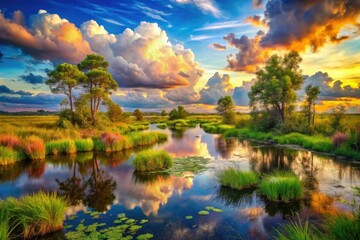 Lush swamp, cumulus clouds drift above, vibrant oil painting landscape for your phone.