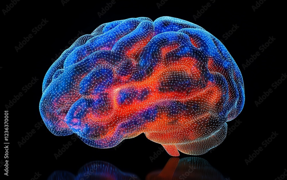 Poster a 3d brain with vibrant neural networks, symbolizing the complex cognitive functions of psychologica