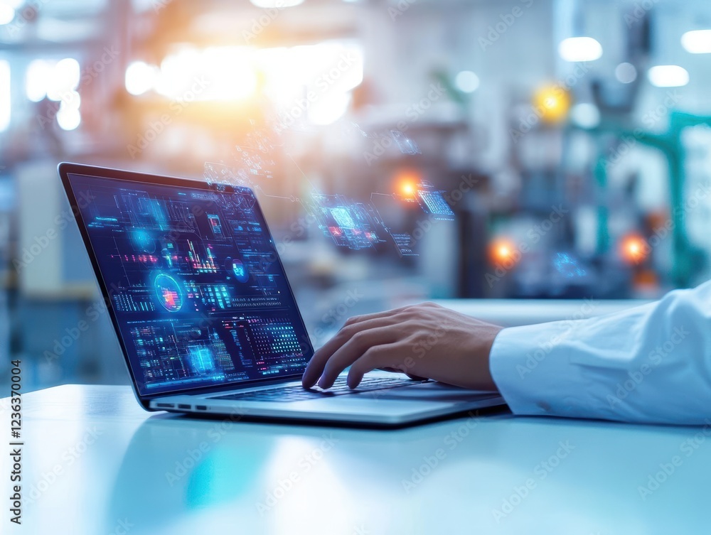 Aufkleber Individual Engaged with Advanced Laptop Displaying Futuristic Interface in Modern Workspace Setting Reflecting Innovation and Technology Driven Environment