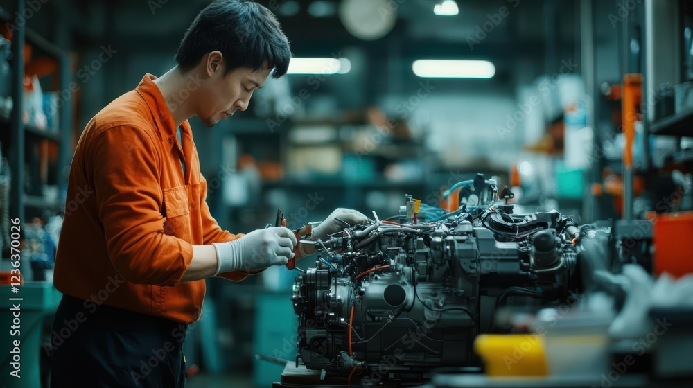 Poster Focused Mechanic Diligently Repairing Motorcycle Engine in Dimly Lit Garage Surrounded by Tools and Spare Parts Creating an Engaging Working Atmosphere