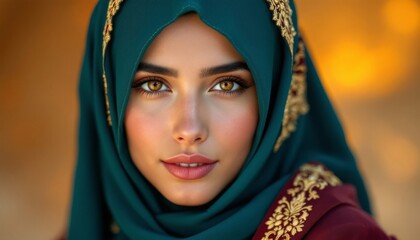 Naklejka premium Beautiful Woman in Teal Hijab with Golden Embroidery