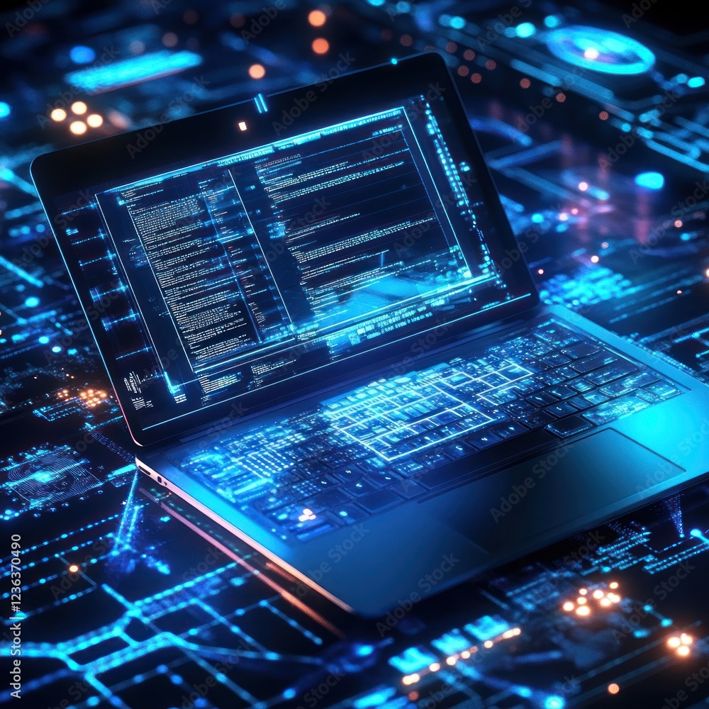 Poster laptop displaying code on circuit board with light trails, use for technology or engineering