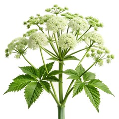 angelica plant (Angelica archangelica) isolated on a pure white background. the large, serrated green leaves and clusters of small white flowers.