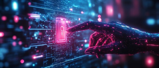 Fototapeta premium A cybernetic hand reaching for a digital lock, futuristic design with neon lights, symbolizing robust cybersecurity, hyperrealistic style