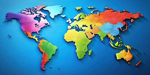 Colorful world map with continent outlines and ocean borders on a bright blue background , geography, continents
