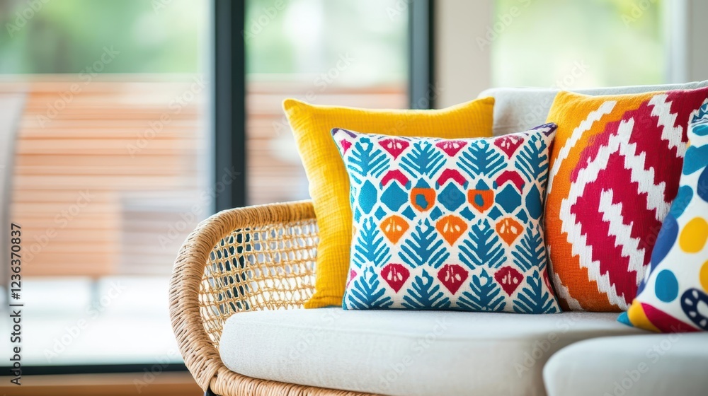 Poster charming wickerton chair adorned with vibrant colorful pillows set against a cozy and inviting indoo