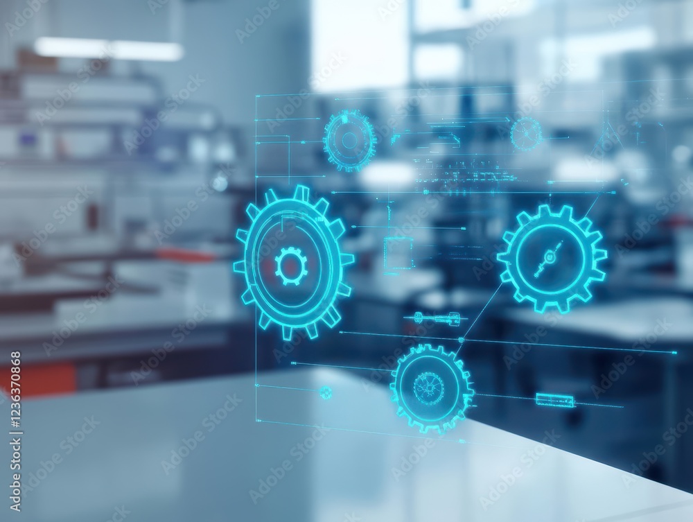 Poster Futuristic Interface Featuring Intricate Gears and Mechanisms in a High Tech Environment Evoking Innovation and Modern Engineering Concepts