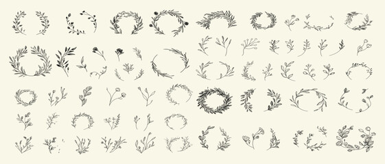 Hand-drawn line floral logo, elegant botanical wreath borders, frame corners, minimalist flower branches for wedding herb design, save the date card.