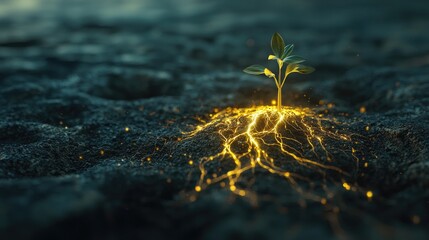A tiny seed sprouting in the middle of a barren desert, with roots glowing deep underground. Above the surface, the plant is small and fragile,