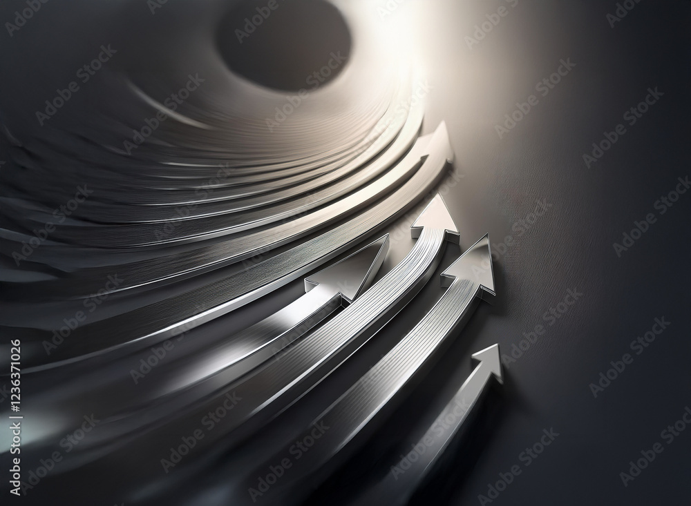 Poster Metallic arrows curve upward within a dark, cylindrical space, illuminated by a bright light source.  The scene evokes a sense of progress and ascension.