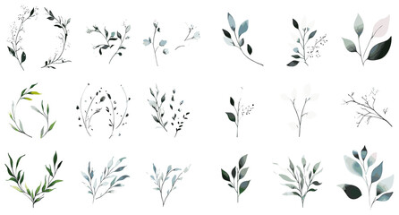 Set of botanical floral elements, hand-drawn minimalist flowers, elegant wedding herb, watercolor wreath borders, frame corners, save the date card, dividers.