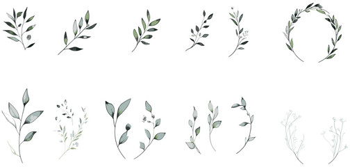 Hand-drawn floral elements, botanical wreath borders, minimalist flower branch, wedding herb, watercolor logo, save the date card, elegant frame corners.