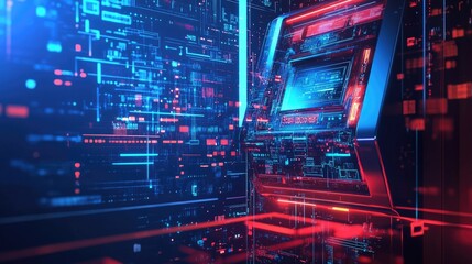 Fototapeta premium Futuristic server room; digital data streams; glowing red and blue; technology concept; ideal for tech websites