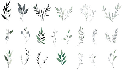 Set of hand-drawn botanical elements, minimalist flower branch, watercolor wreath borders, frame corners, wedding herb, elegant leaves for save the date invitations.