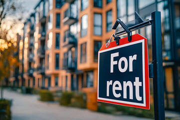 For rent sign in front of a modern apartment building. Real estate concept.