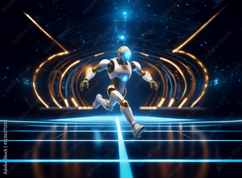 Poster a futuristic robot, white and gold, runs through a glowing, gridded portal. the scene is dark, accen