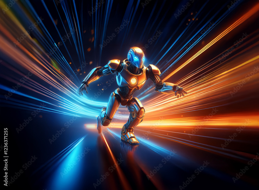Poster A metallic humanoid robot figure runs through a vibrant, streaking light tunnel, its polished surface reflecting the dynamic energy.  The scene is futuristic and dynamic.