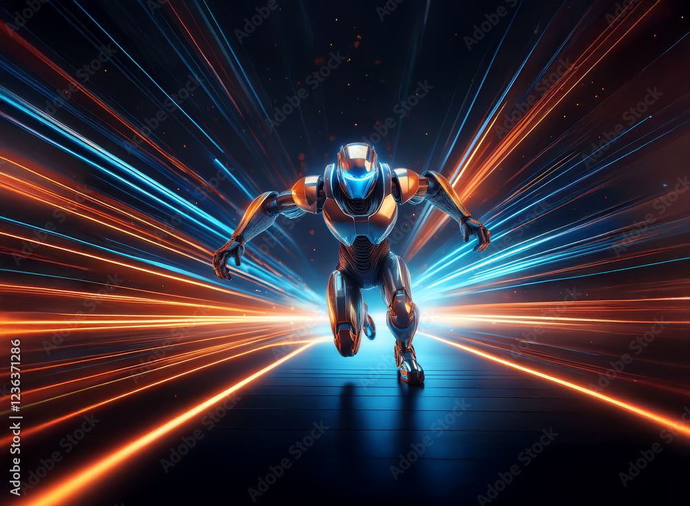 Aufkleber futuristic robot sprinting through a vibrant, glowing energy tunnel. speed and power are depicted in
