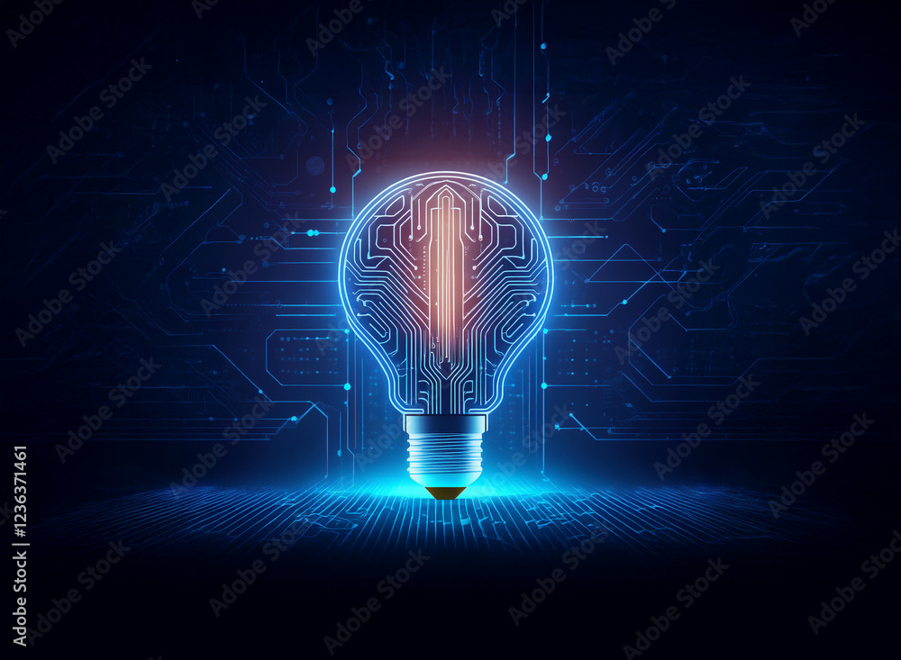 Poster a glowing lightbulb, its filament a circuit board, rests on a digital circuit background. this symbo