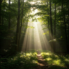 Fototapeta premium Sunbeams in Forest Path Magical Morning Hike