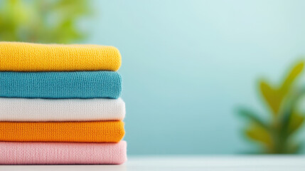 Neatly folded stack of colorful clothes in vibrant hues, showcasing cozy and organized atmosphere. Perfect for home decor or laundry themes